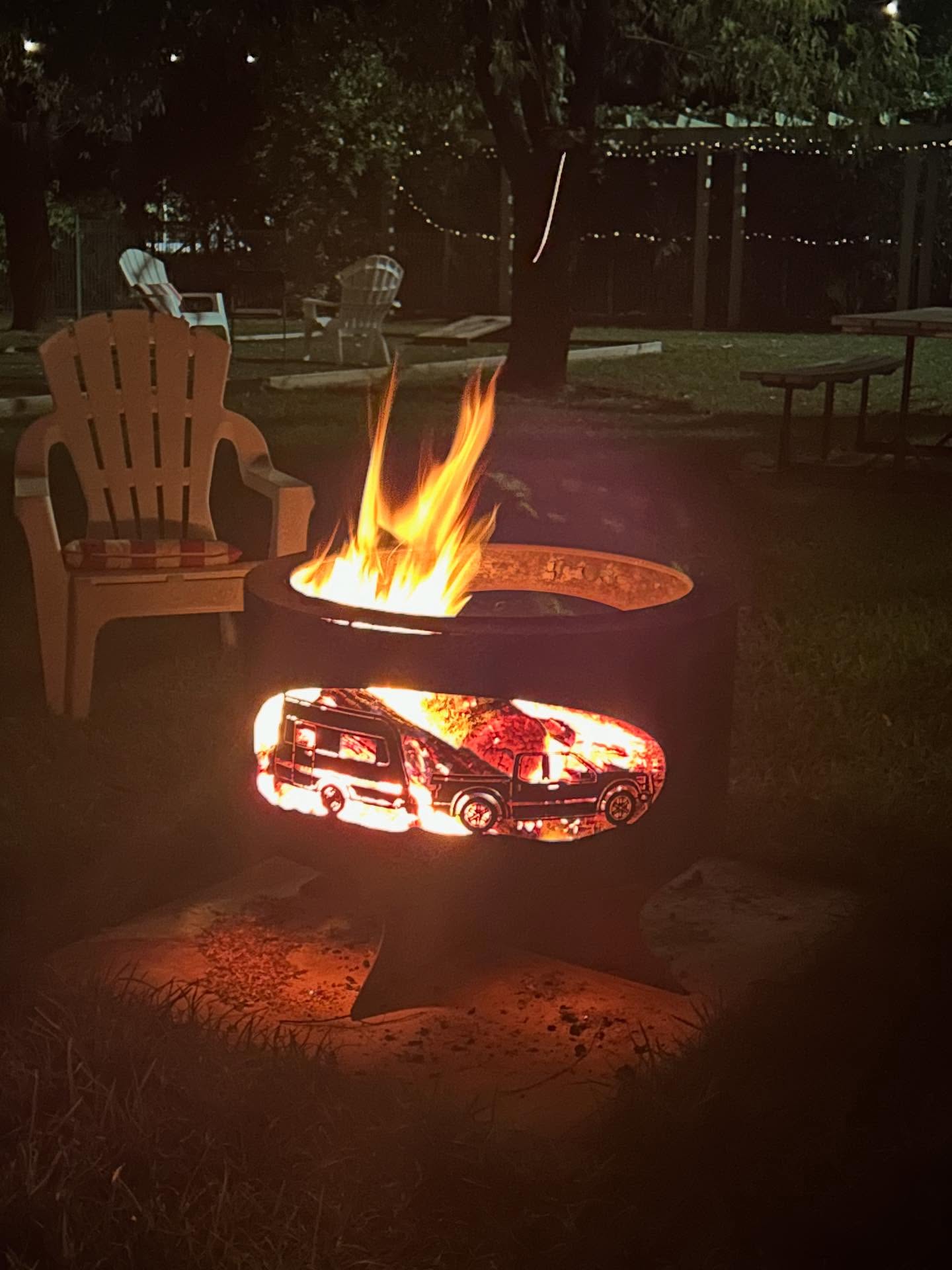 The communal firepit by the Avoca River at Charlton Caravan Park