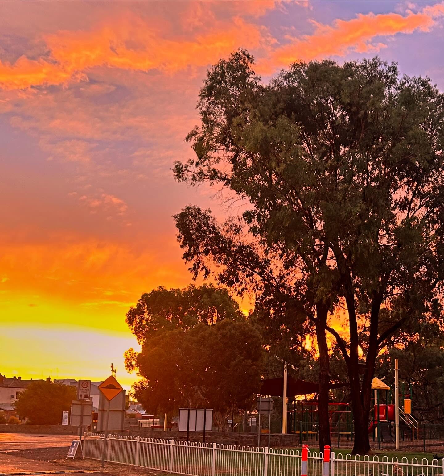 Fiery sunset over the gum trees and parkland at Charlton, central Victoria